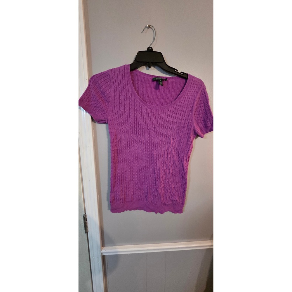 Lauren Ralph Lauren Purple Cable Knit Short Sleeve Scoop Neck Cotton Sweater M